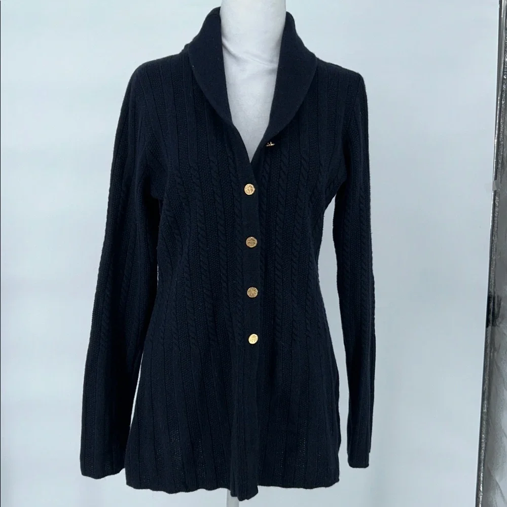 Brooks Brothers Navy Cable Knit Shawl Collar Cardigan Gold Buttons M - Picture 3 of 11
